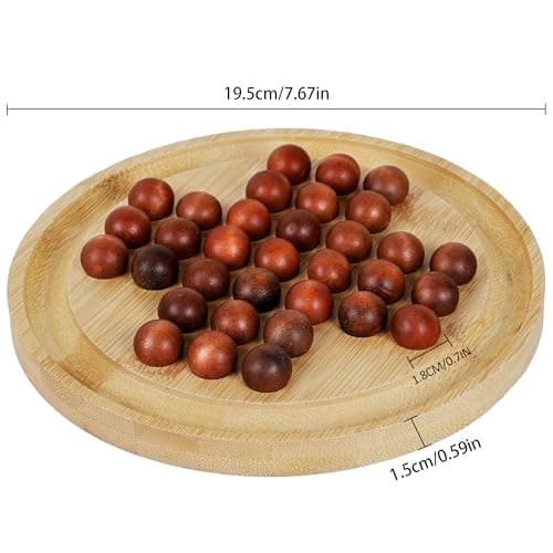 Jeu de solitaire en bois TOWO - Jouet de puzzle de-Jeu de société classique de jeu d'esprit à billes- Plateau rond de 19.5 cm (7,7") avec des billes en bois - Jeu de réflexion à un joueur - Casse-tête