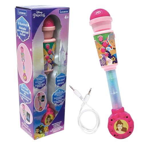 Lexibook- Cendrillon, Belle, Raiponce, Princesses Disney, Microphone Enfant, Jouet Musical, Haut-Parleur intégré, Effets Lumineux, Prise Aux-in, MIC90DP, Rose