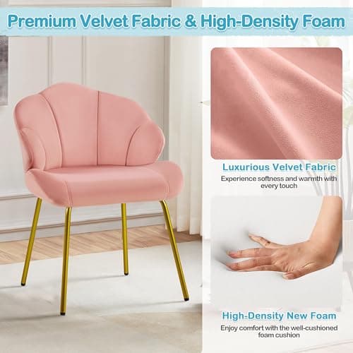 Yaheetech Fauteuil de Salon Moderne, Design Coquillage, Chaise de Chambre à Coucher Confortable, Rembourré, Ergonomique, Fauteuil en Velours avec Dossier, Pieds en Métal Plaqué Or, Rose