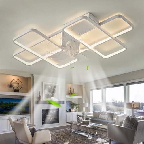 LED Plafonnier Ventilateur De Plafond APP Dimmable Réversible Grande Plafonnier Avec Ventilateur Et Télécommande Silencieux 6 Vitesses Lampe Ventilateur Intelligent Moderne 35inch Pour Chambre-White