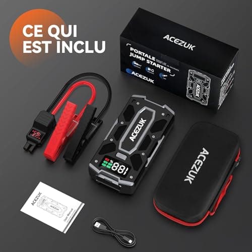 ACEZUK Booster Batterie Voiture 5000A, Démarreur de Batterie de Voiture Portable(Jusqu'à 8.0L Diesel ou 10.0L Gaz), 12V Jump Starter, Pinces Intelligentes avec Écran, Lumière LED, Port de QC3.0