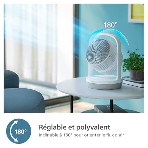 PHILIPS Ventilateur de table oscillant série 2000. Puissant et ultra-silencieux. 23 dB. Circulation de l'air. Inclinaison réglable à 180°. Pour la maison et le bureau. CX2050, Blanc