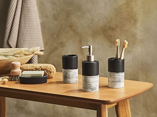 Ensemble Accessoires de Salle de Bains 4 pièces Effet Marbre Noir et Beige Coro