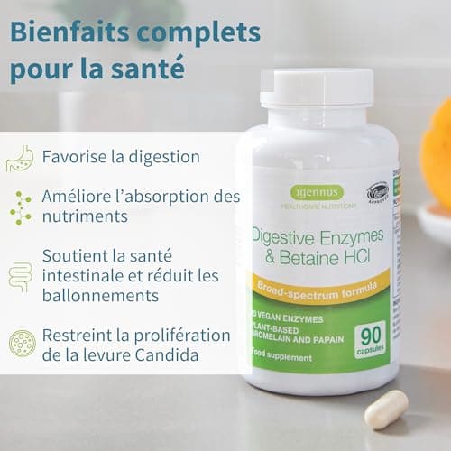 Enzymes Digestives & Bétaïne HCl, 90 Capsules, Complexe Avancée de 10 Enzymes Digestives compris Bromélaïne, Papaïne, Lactase, Lipase, Formule Pure et 100% Végétale - par Igennus