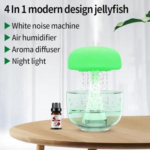 AMIUHOUN 1 PCS Humidificateur Champignon avec Lampe Lumineuse Méduse - Veilleuse, Sons de Pluie Diffuseur de Bruit Blanc Autonomie 24H, 700ML