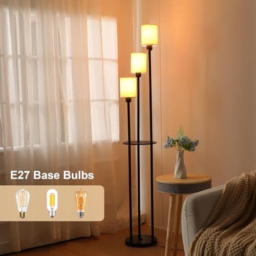 Winverty Lampadaire sur Pied Salon avec Etagere et 3 Lumières, Lampadaire Industriel Vintage avec Interrupteur à Pied et Abat-jour en Lin, Lampadaire Noir pour Salon Chambre Bureau E27