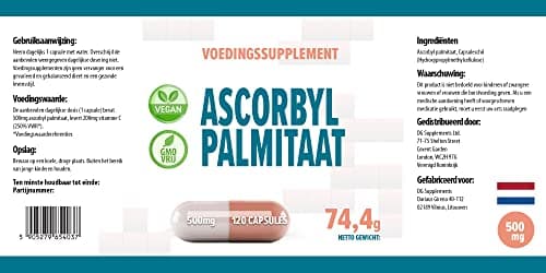 Palmitate d'ascorbyle 500mg 120 gélules végétaliennes, très puissantes, sans agents de remplissage ou de charge, sans OGM