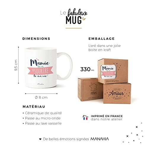 Manahia Mug Cadeau Mamie - Mamie tu es le Sourire de ma Vie - Avec Boite Kraft - 330 mL, Céramique - Imprimé en France - Tasse Annonce Mamie - Noël, Anniversaire, Fête des Grands-Mères