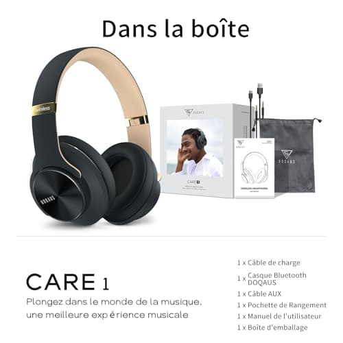 DOQAUS Casque Bluetooth sans Fil, Casque 90 Heure de Lecture, Casque Bluetooth 3 EQ Modes, Casque Audio avec Microphone Intégré, Casque sans Fil pour Cours en Ligne/téléphone/tablettes/pc