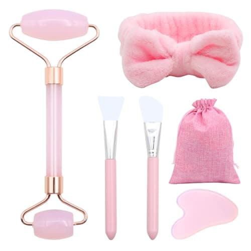 VEGCOO Quartz Rose Rouleau Gua Sha Kits, Jade Roller Visage et Pierre de Guasha, Massage pour Visage Cou Corps Muscles