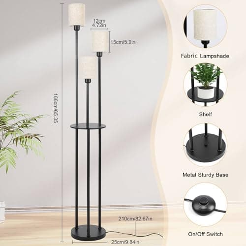 Winverty Lampadaire sur Pied Salon avec Etagere et 3 Lumières, Lampadaire Industriel Vintage avec Interrupteur à Pied et Abat-jour en Lin, Lampadaire Noir pour Salon Chambre Bureau E27