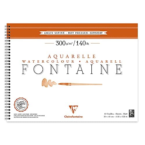 Clairefontaine 96364C Album Spiralé Fontaine - 12 Feuilles Papier Aquarelle Blanc 100% Coton Grain Satiné Qualité Professionnelle 30x40 cm 300g