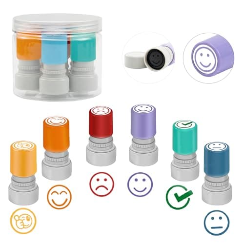 Qcdou Tampons Enseignants Français, 6PCS Plastique Tampon Auto Encreur Enfant, Tampon Smiley, Tampon Ecole Mignon pour Encourager Motiver Élèves, Spécial Cadeau Professeur Ecole Avec Boîte