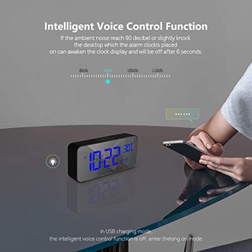 HOMVILLA Réveil Numérique avec Grand Affichage de la Température LED, Alarme de Miroir Portable avec Double Alarme Roupillon Temps Gradateur de Luminosité Réglable sur 4 Niveaux (Noir-1)