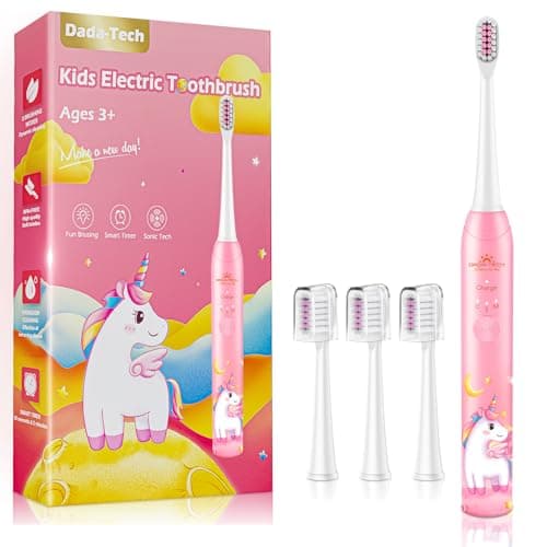 Brosse à Dents Électrique Enfant 3-6-8-12-18 Ans, Brosse a Dent Electrique Enfant Rechargeable Avec Minuteur, Autocollants pour Habitudes et 4 Têtes Douces Pour Kids Filles Et Garçons (Licorne Rose)