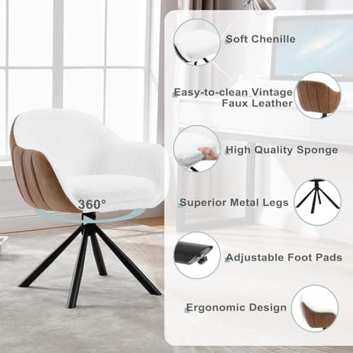 WOLTU 1x Chaise Pivotante, Chaise Salle à Manger, Chaise de Cuisine, Chaise Scandinave, Fauteuil Chambre, Siège Rembourré, Pieds en Métal, Chenille Blanc + Simili Cuir Marron, EZS04ws-1