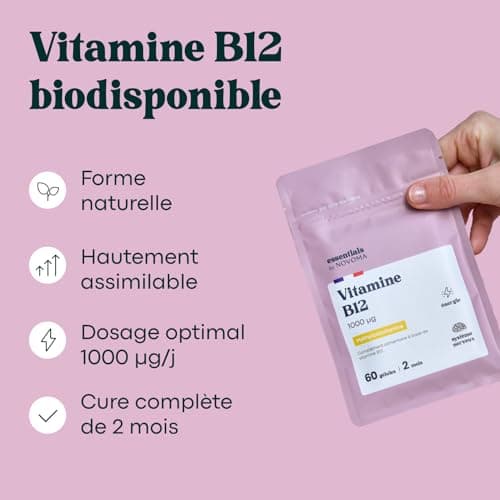Vitamine B12 1000 μg Vegan, Cure de 2 mois, Réduit la Fatigue & Soutient le Système Nerveux, 60 Gélules Végétales, 100% Méthylcobalamine Pure et Biodisponible, Essentials by Novoma