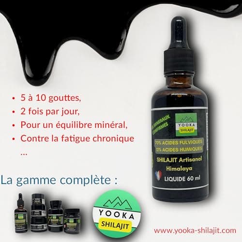 YOOKA Shilajit naturel ARTISANAL LIQUIDE 60ML OR pure Himalaya. 70% ACIDE FULVIQUE, +85 minéraux, 12% acide humique. Séchage soleil 60j, purifiée 40 fois. CERTIFICATION ALIMENTAIRE FRANCE