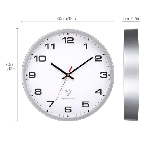 VINILITE Horloge Murale Radio Pilotée 30cm Moderne Pendule Murale à Grands Chiffres pour Salon, Cuisine, Bureau, Chambre