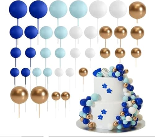 Lot de 36 décorations de gâteau en forme de boule en mousse pour gâteau de mariage, fête d'anniversaire (Dark blue+light blue+white+gold)