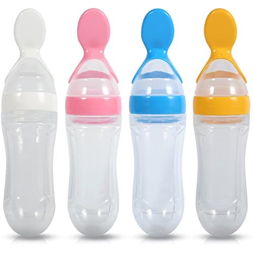 Baby Feeder Bottle, 1Pc 90 ml Silicone Baby Biberon Sans BPA Infantile Nouveau-né Toddler Fresh Food Cereal Squeeze Style avec une cuillère et une couverture hygiénique (Jaune)