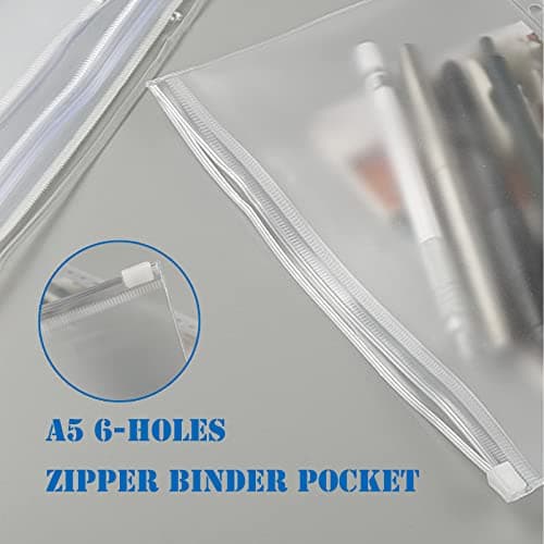 Lot de 12 pochettes de format A5, pochette à fermeture éclair, dossiers transparents à 6 trous, poche avec couvercle, deux types, sacs étanches en PVC avec fermeture éclair pour la maison