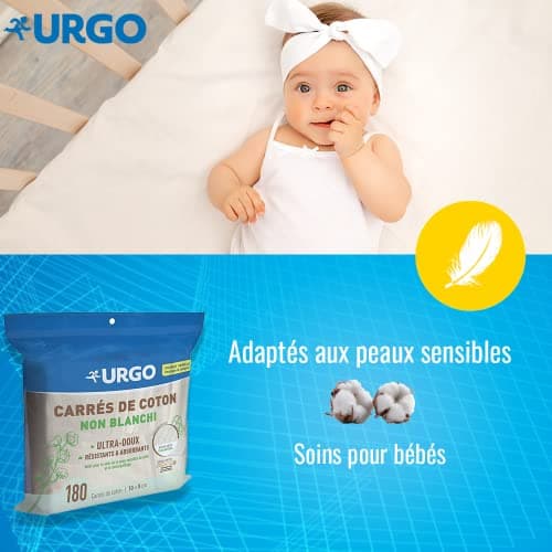 Urgo - Carrés de coton - Ultra-doux Absorbants - Coton de qualité certifiée OEKO-TEX® Non Blanchi - 180 unités