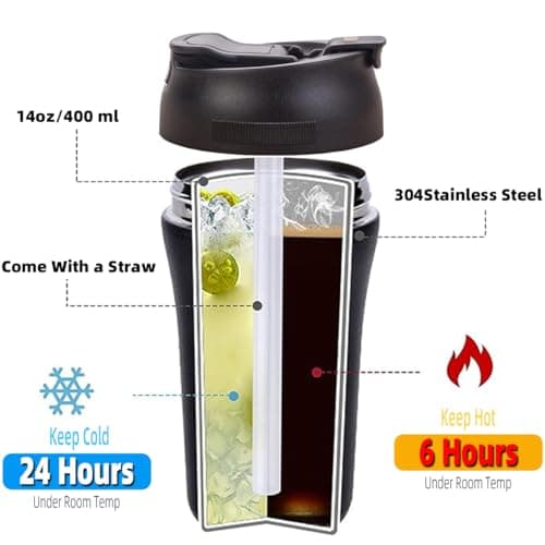 ZMHQLPDZ Tasse à café isotherme en acier inoxydable de 414 ml, étanche, avec couvercle à vis, gobelet à café à double paroi réutilisable pour boissons chaudes/glacées, 400 ml (noir)