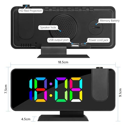 Réveil à Projection, Horloge Numérique LED Grand Écran, avec Projecteur Rotatif à 180°, Affichage des Chiffres RVB 11 Couleurs, 6 Niveaux de Luminosité, Double Alarme, Snooze, 12/24h, Horloge Digitale