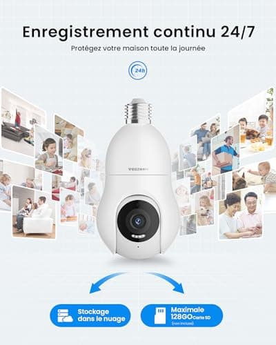 VEEZOOM 2K Ampoule Camera Surveillance WiFi, IP Caméra Ampoule Intérieur sans Fil de Lampe E27 avec Suivi Automatique, 30m Vision Nocturne Coloré, Discussions en Temps Réel, WS-D1