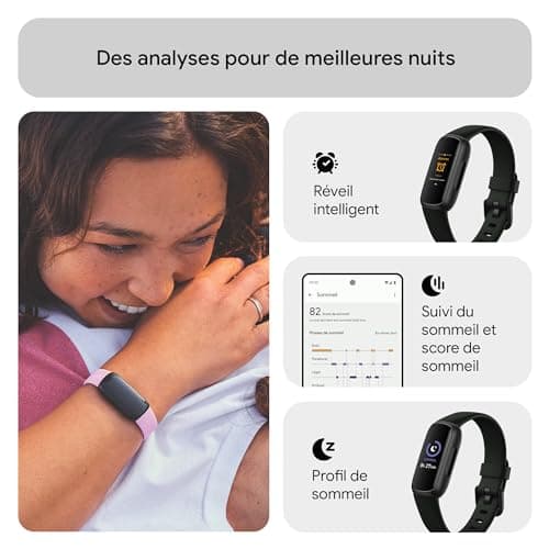 Google Fitbit Inspire 3 Bracelet d’activité sport et santé avec jusqu’à 10 jours d’autonomie de batterie et compatible avec Android et iOS, Parme, Noir intense