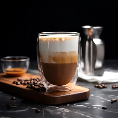 Joeyan Lot de 4 Tasse à Café Épais à Double Paroi, 350ml Verres à Expresso avec Cuillères en verre, Transparent Borosilicaté Isolation,Verres Thermiques à Effet Flottant,pour Latte,Bière,Lait,Thé