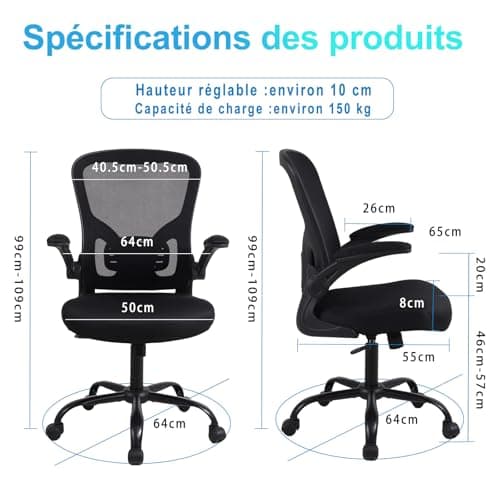 Youhauchair Chaise Bureau, Fauteuil de Bureau avec Accoudoirs Rabattables, Chaise de Bureau Ergonomique Confortable avec Soutien Lombaire, Noir