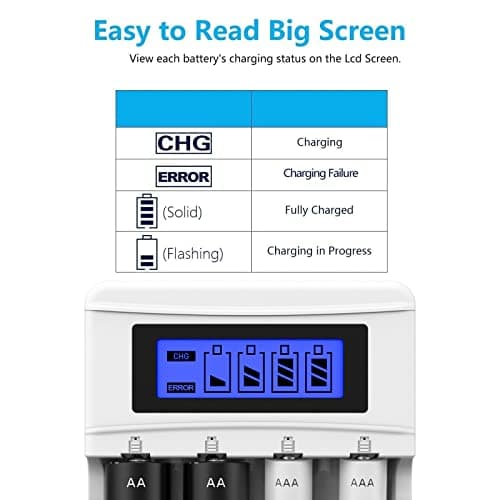 BONAI Chargeur Piles Rechargeable, 4 Slots LCD Charge Rapide de pour Ni-MH/Ni-CD AA AAA Rechargeable Pile avec Port USB