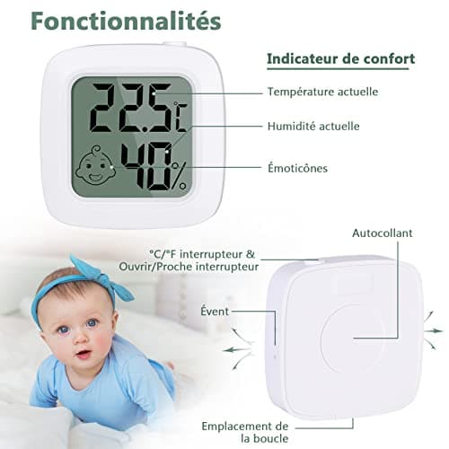 Vinabo 2 pièces Petit Thermomètre Hygromètre Intérieur Digital à Haute Précision, Indicateur Niveau de Confort pour Bureau,Chambre de bébé Vestiaire