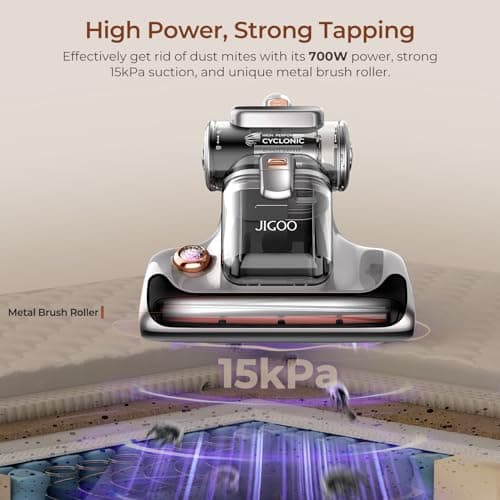 JIGOO T600 Aspirateur Anti Acariens pour Matelas avec Lumière UV,700W 15kpa Punaise de Lit élimine 99,9%, Affichage LED, 72dB Design Silencieux sans Bruit (Gris)