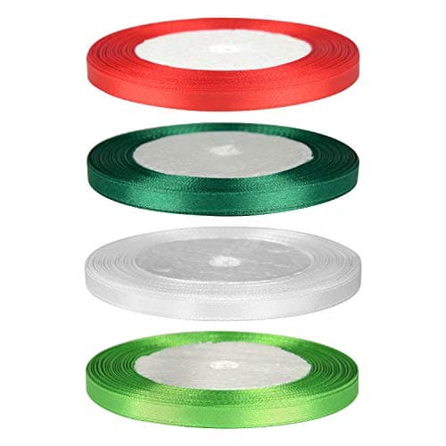 FEPITO 4 rouleaux de 6 mm de ruban de satin rouge et ruban de ruban de Noël blanc et vert (25 mètres/rouleau x 4 rouleaux)
