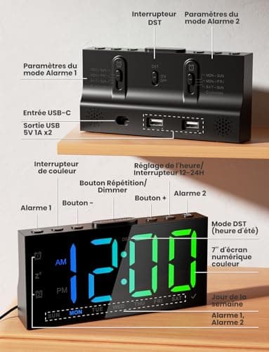LIORQUE Réveil Numérique, Reveil Ado avec 4 Couleurs Dégradées et 4 Couleurs Fixes, 4 Modes D'alarme, 2 Alarmes, Réglage de La Luminosité, Snooze, 12/24 H, Port USB, Noir