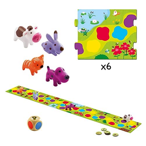 DJECO Little Circuit - Jeu de Société Enfant, 2,5 à 5 Ans - Jeu de Parcours avec 1 Plateau, 6 Pièces de Puzzle, 4 Figurines Animaux, 1 Dé, 15 Jetons - Apprentissage des Couleurs, Maîtrise du dé