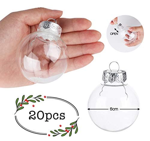 ilauke 20 Boule Transparente Remplissable Bricolage,Boules de Noël en Plastique Transparent à Remplir avec 4m Plume Rose+4m Corde,Boules de Sapin de Noël Ornements pour Fête de Mariage Décoration(6cm)