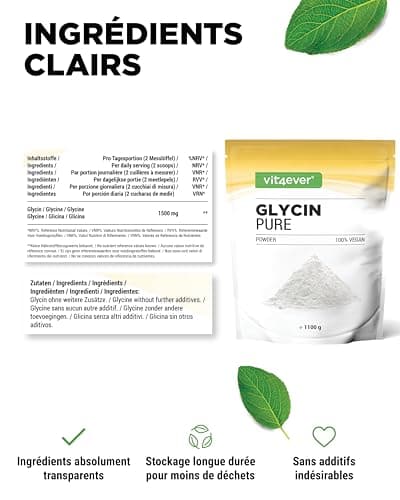Glycine Pure - 1100 g (1,1 kg) de poudre pure sans additifs - Avec cuillère à mesurer - 100% acide aminé glycine - Vegan