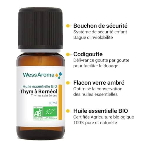 Huile Essentielle BIO de Thym à Bornéol, Feuilles de Sarriette 10ML - Certifiée AB - 100% Pure & Naturelle, Chémotypée HEBBD - Pratiques agricoles durables - Analysée et conditionnée en France