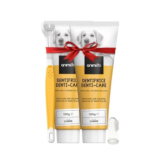 Brosse a Dents Chien 3 Têtes,1 Doigtier, Kit Dentaire Dentifrice Chien 2 x 100g - Dentifrice Haleine Fraîche, Gout Menthe - Élimine Plaque Tartre & Mauvaise Haleine - Soins des Dents pour Chiens
