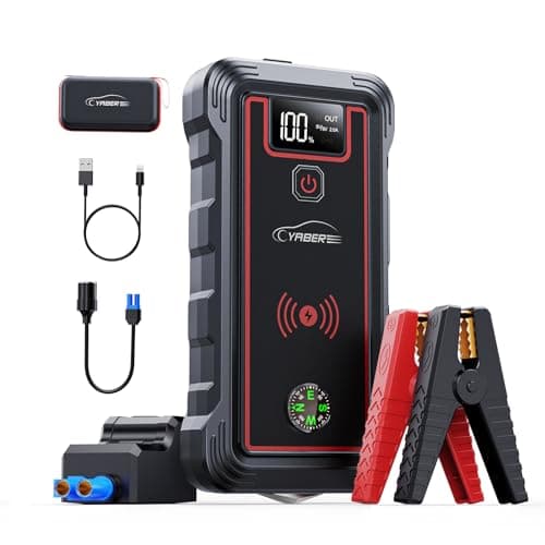 YABER Booster Batterie, 3500A 23800mAh Portable Jump Starter (Tout Gaz ou 8,0 L Diesel), Chargeur sans Fil avec Lamp LED, Écran LCD, Marteau de Sécurité, Boussole