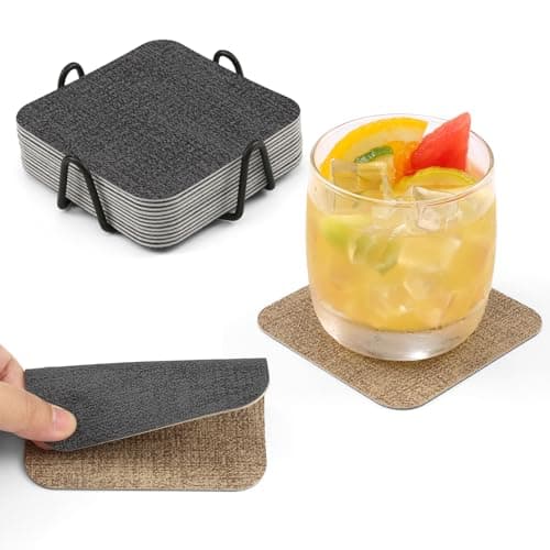 Chitomars Lot de 12 Dessous de Verres avec Support, Double Face Lavable sous Verres Simili Cuir Antidérapant Originaux Dessous de Verres pour Café, Boissons, Bière Tasses (Gris Beige, Lot de 12)