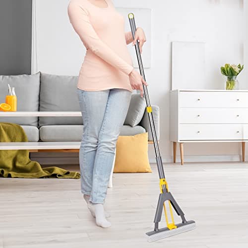 Masthome Balai éponge Absorbant avec Essoreur, Serpillere avec Poignée Réglable de 130 cm, 3 Réutilisables PVA éponge Head, Balai Vadrouille éponge pour Nettoyage Sols