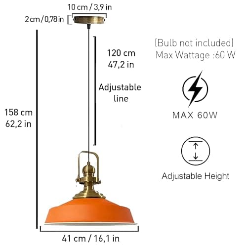bamyum Asletl Suspension Luminaire Industrielle Rétro en Metal de 41 cm, Lustre de Salon Vintage, Éclairage de Plafond pour Chambre, Cuisine, Lampe Suspendue, Orange