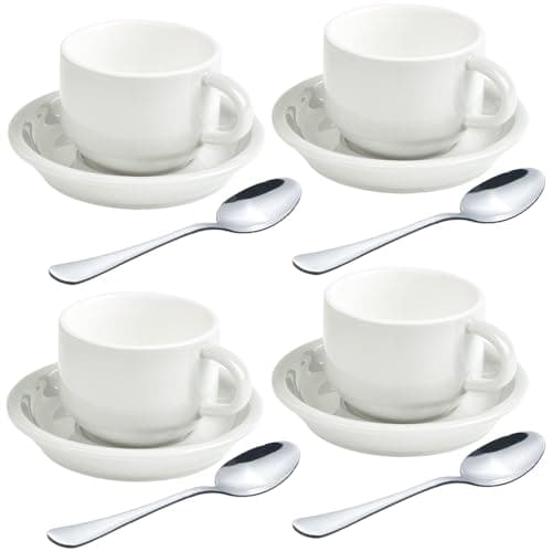 homEdge Lot de 4 tasses à expresso et soucoupes de qualité supérieure avec cuillères à expresso, 70,9 g, blanc