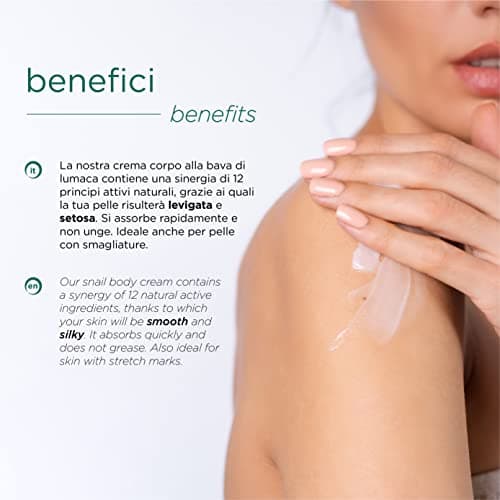 Nuvo' Bave d Escargot Crème Corps BIOLOGIQUE CERTIFIÉ 200ml, Acide Hyaluronique, Aloe, 12 Ingrédients Actifs Naturels, Hydratante, Nourrissant Protecteur, Contre les Vergetures 100% Made in Italy