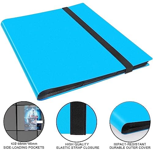 Porte Carte à Collectionner, Classeur Cartes 24 Pages Capacité de 432 Cartes,Étanche Jeu de Farde Carte, Sangle Elastique Empêche la Carte de Tomber (Bleu)